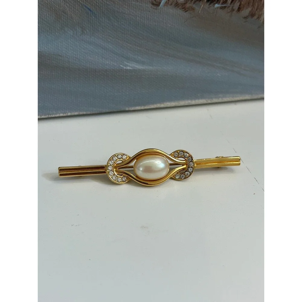 Monet Vintage Gold Tone Faux Pearl Rhinestone Bar Brooch Pin Scroll Design